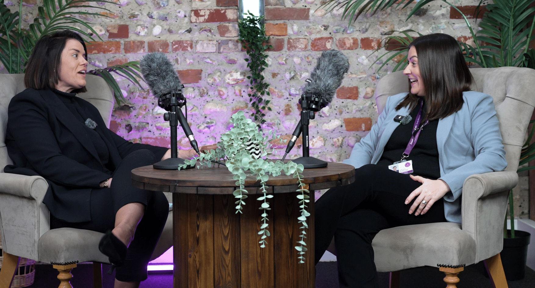 South Coast Home Care representatives filmed for podcast content strategy session in rustic studio setting